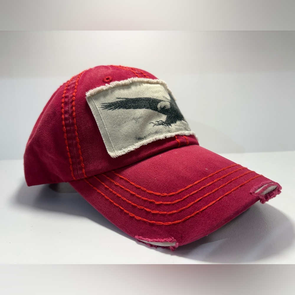 Red Distressed Baseball Cap with Eagle Patch
